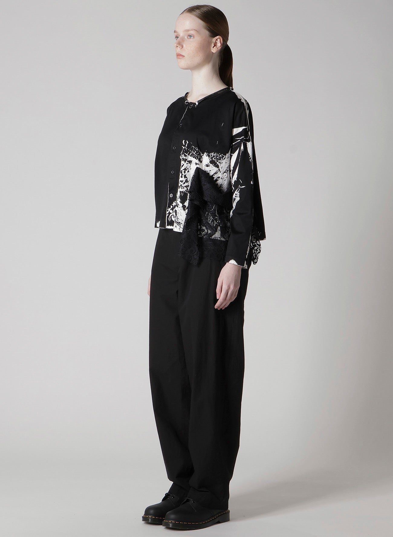 COTTON LACE/PRINT SIDE POCKET CROPPED CARDIGAN