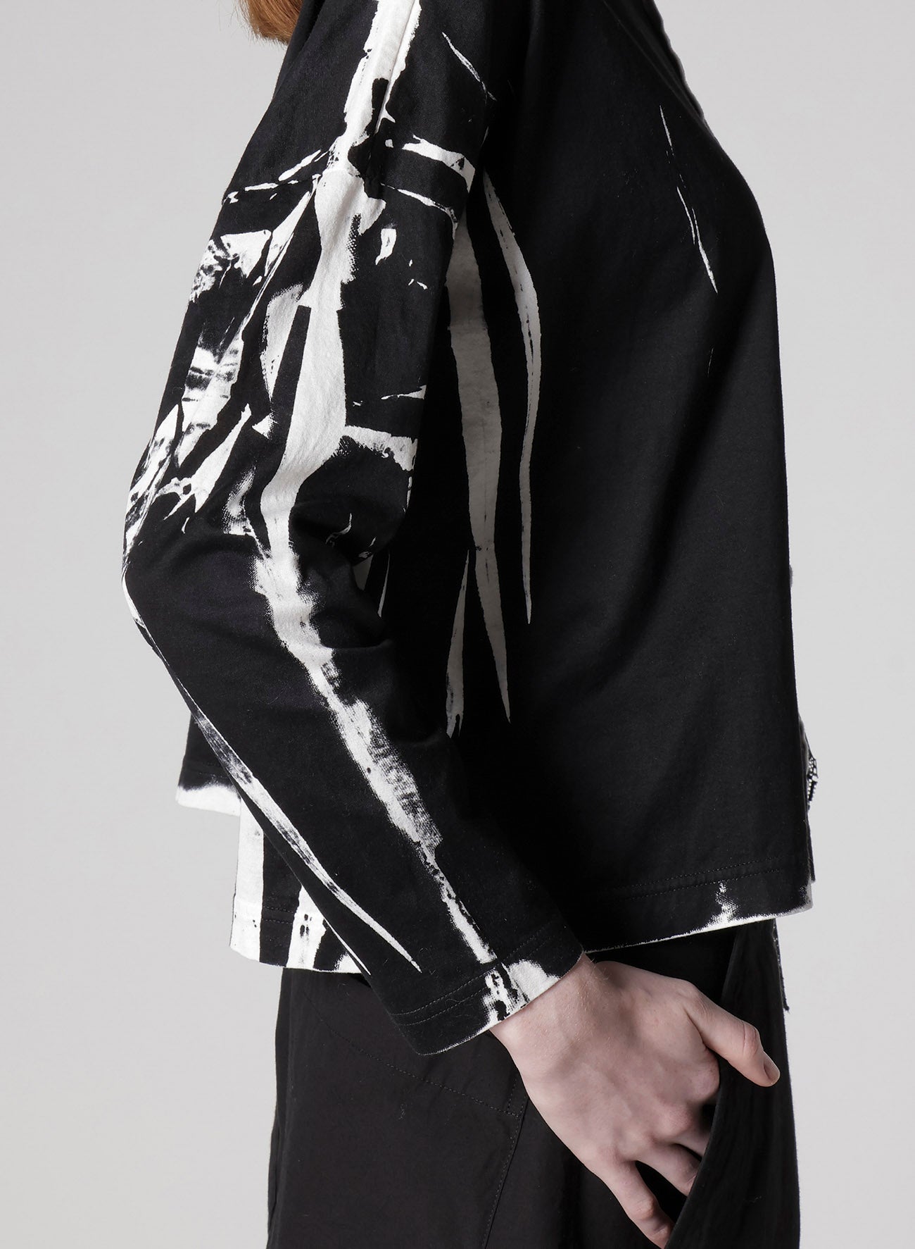 COTTON LACE/PRINT SIDE POCKET CROPPED CARDIGAN