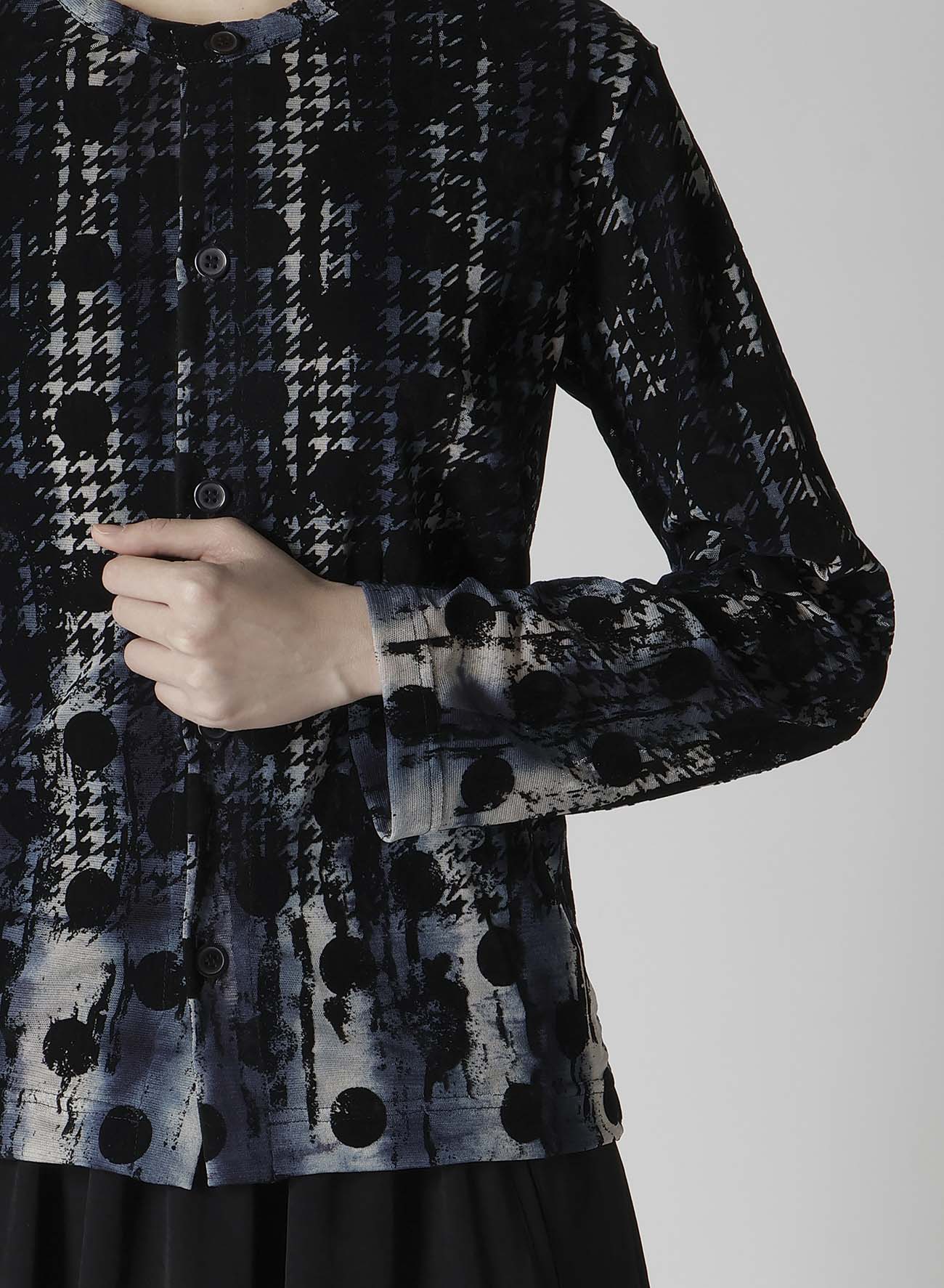 HOUNDTOOTH DOTS TULLE ROUND NECK LONG SLEEVE CARDIGAN