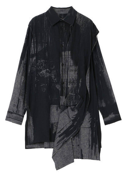 L/C CHAMBRAY LOGO SCRIBBLE PT LEFT DRAPE BLOUSE