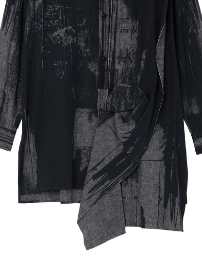 L/C CHAMBRAY LOGO SCRIBBLE PT LEFT DRAPE BLOUSE