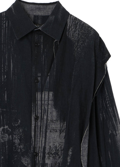 L/C CHAMBRAY LOGO SCRIBBLE PT LEFT DRAPE BLOUSE