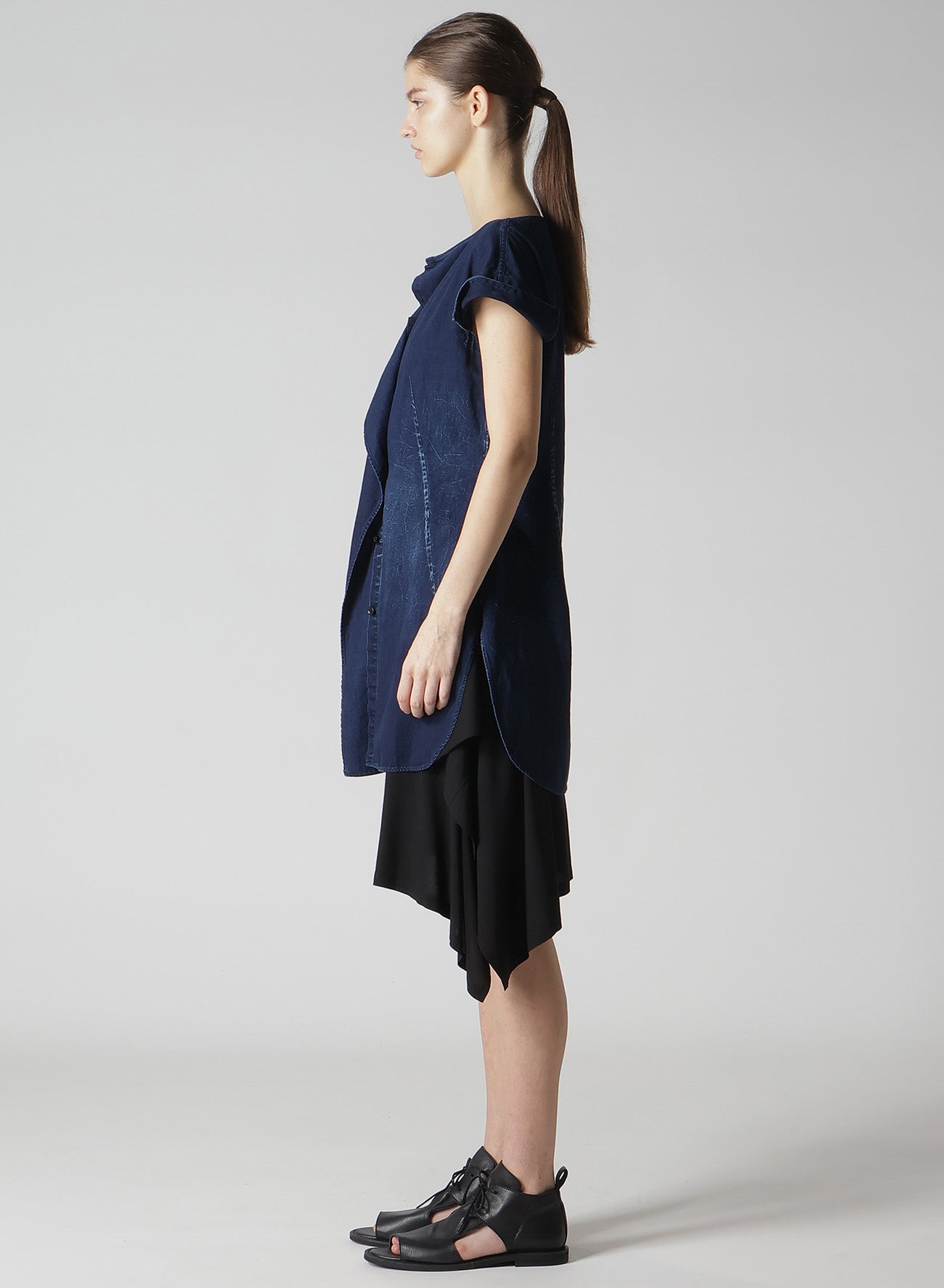 6OZ BLEACHED VINTAGE LIKE DENIM RIGHT SIDE DRAPE BLOUSE