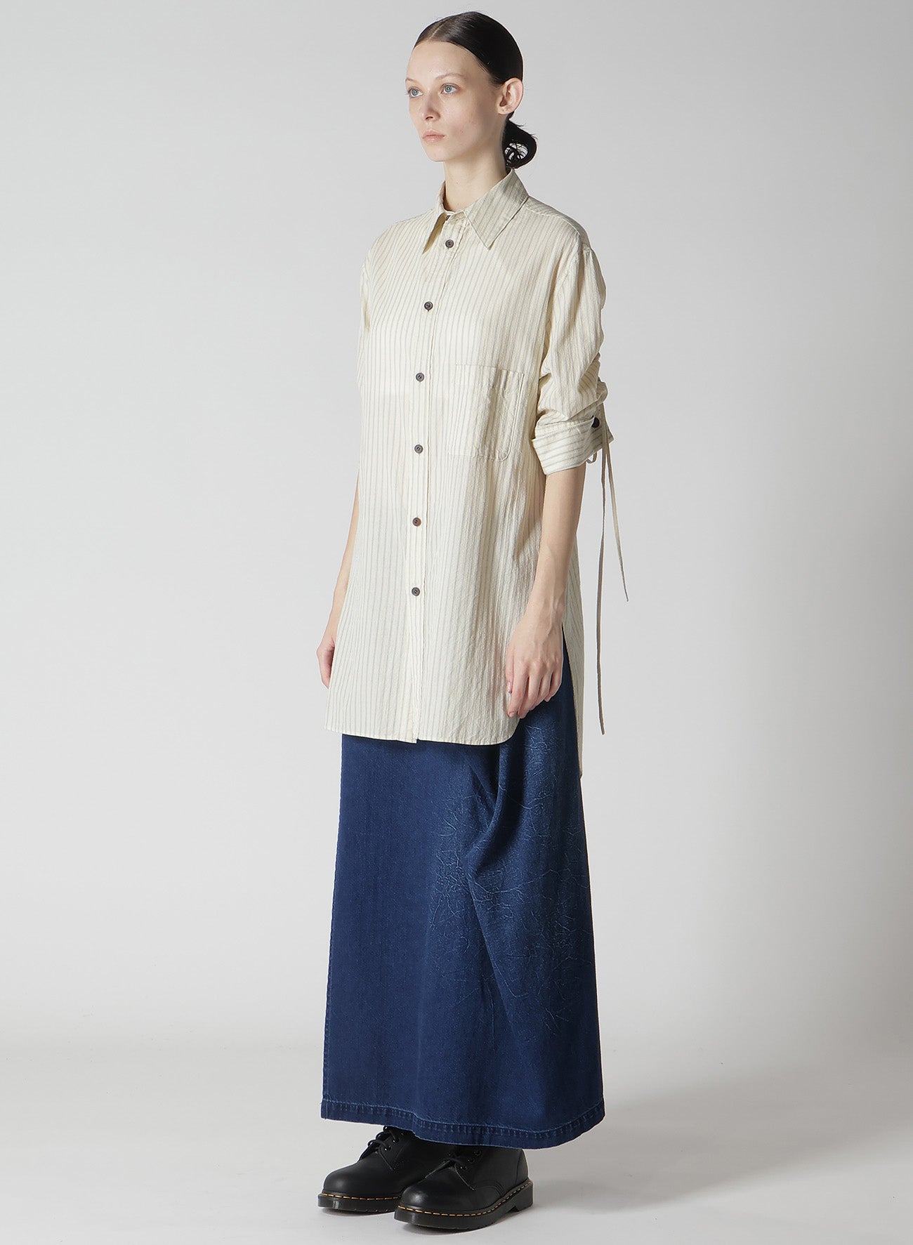 DOBBY STRIPE SHIRRING SLEEVE SHIRT