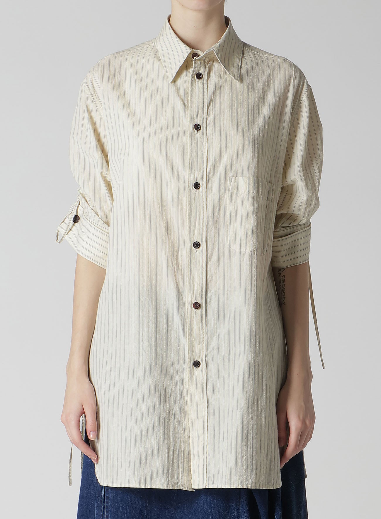 DOBBY STRIPE SHIRRING SLEEVE SHIRT