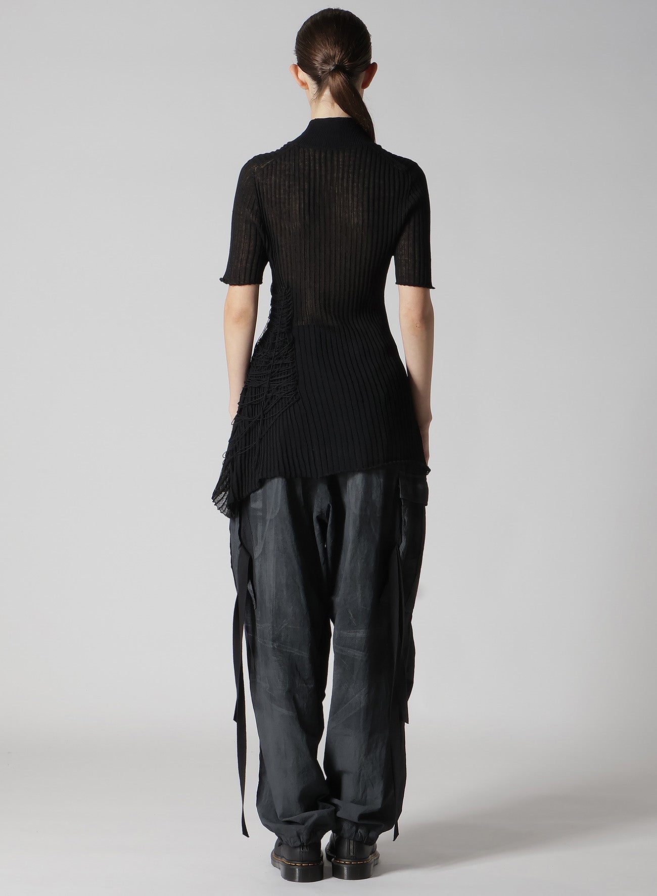 WIDE RIB WG ASYMMETRIC LACE UP HALF SLEEVE T