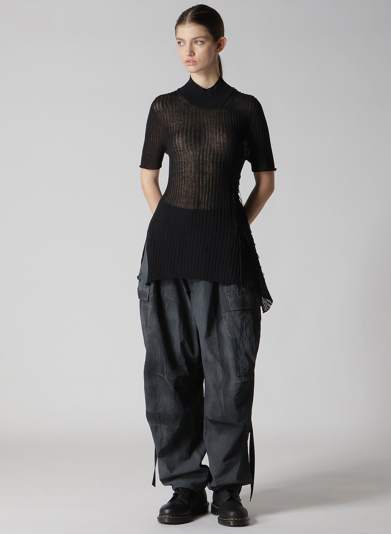 WIDE RIB WG ASYMMETRIC LACE UP HALF SLEEVE T