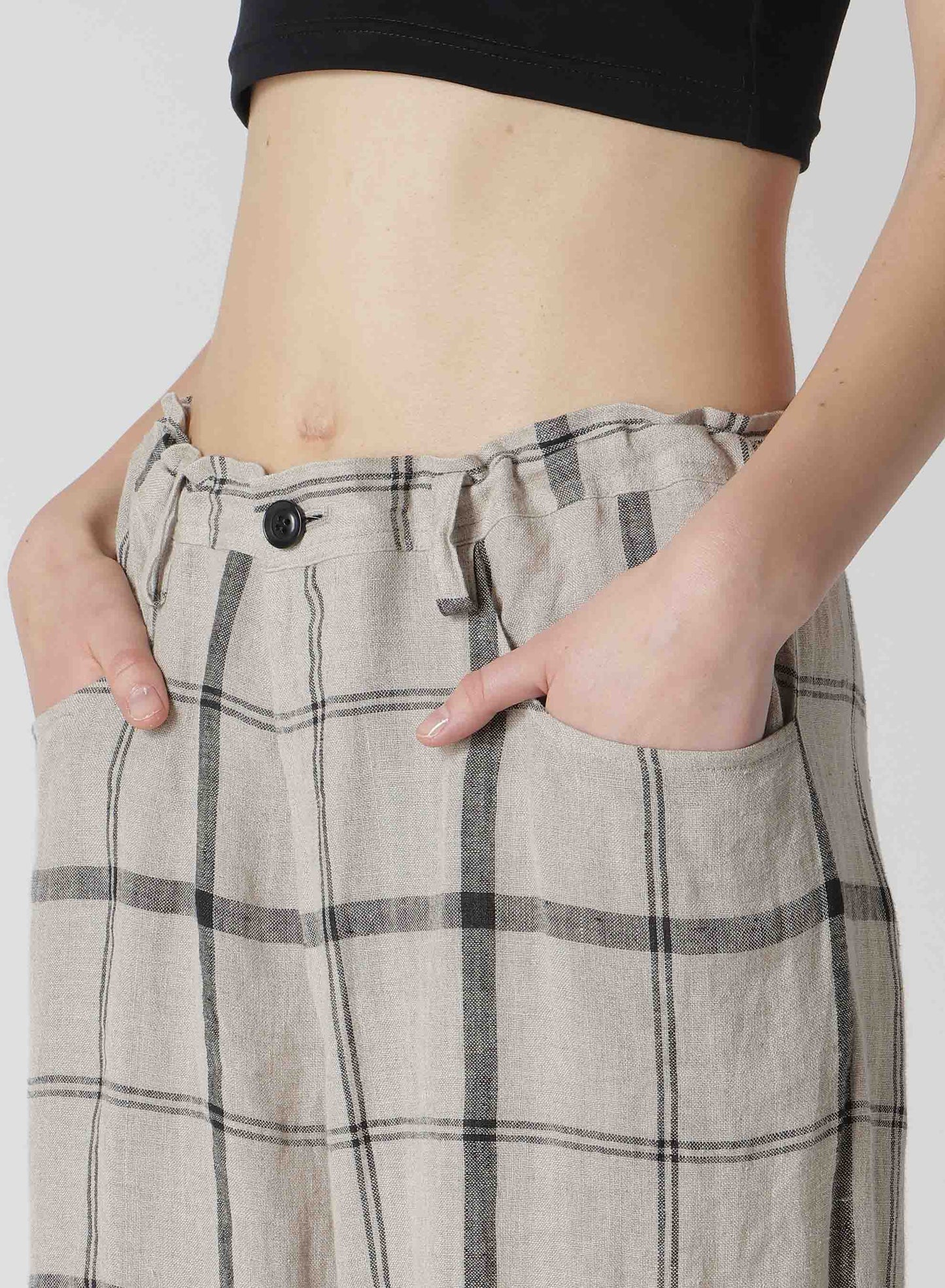 LINEN/NYLON PLAID LONG STRAIGHT PANTS