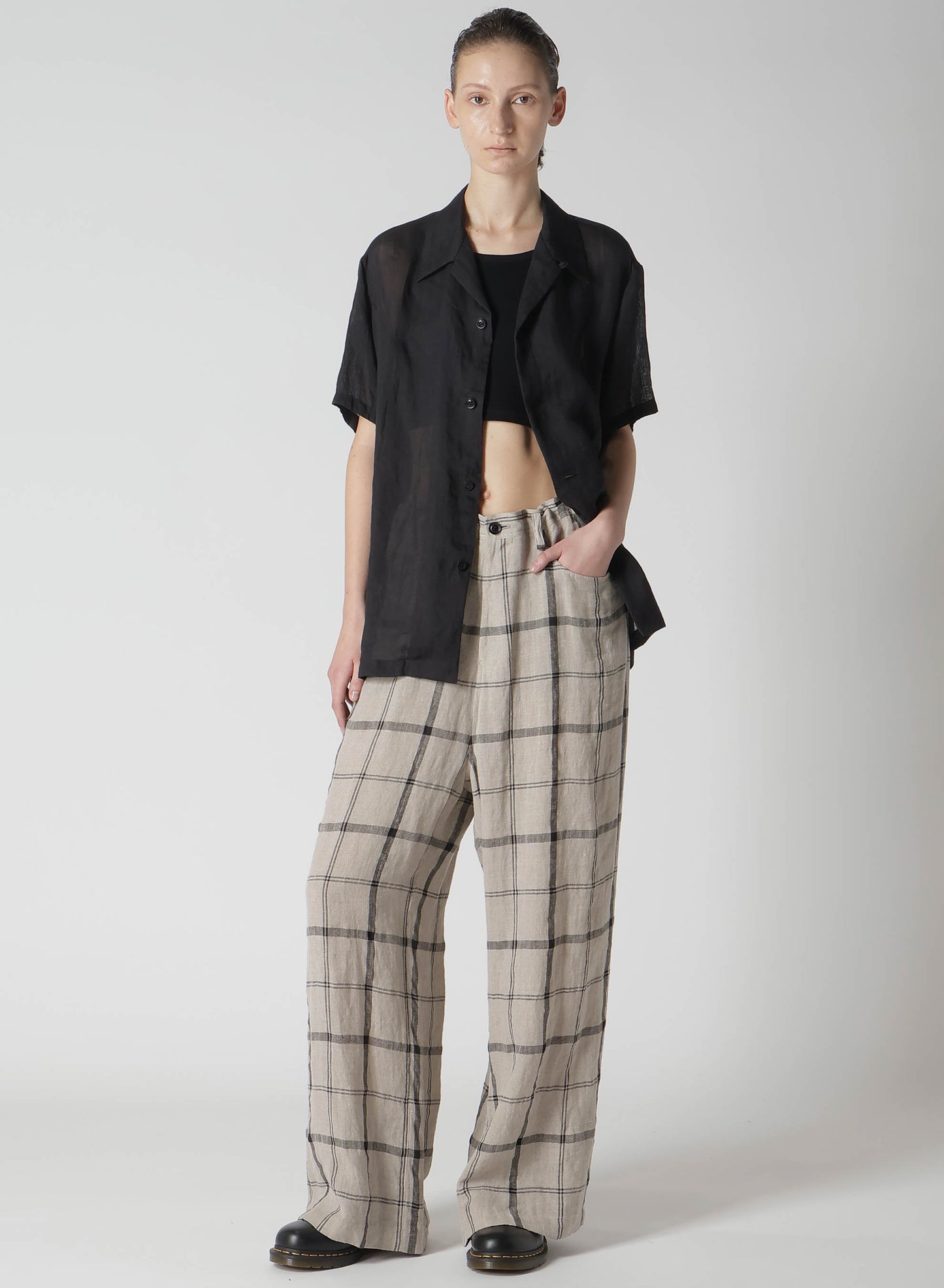 LINEN/NYLON PLAID LONG STRAIGHT PANTS