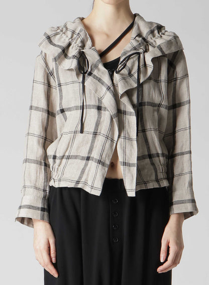 LINEN/NYLON PLAID GATHERED BLOUSE