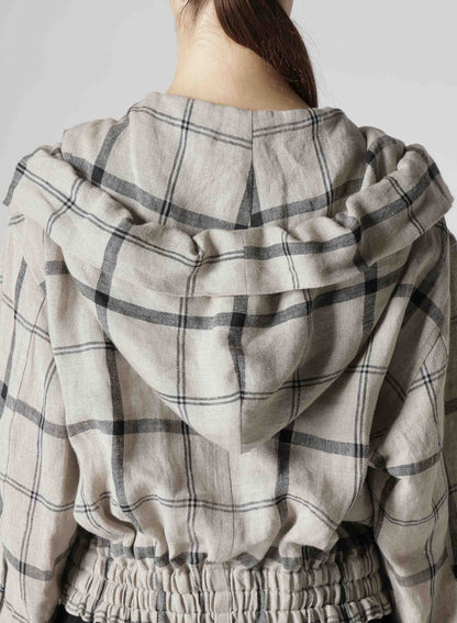 LINEN/NYLON PLAID GATHERED BLOUSE
