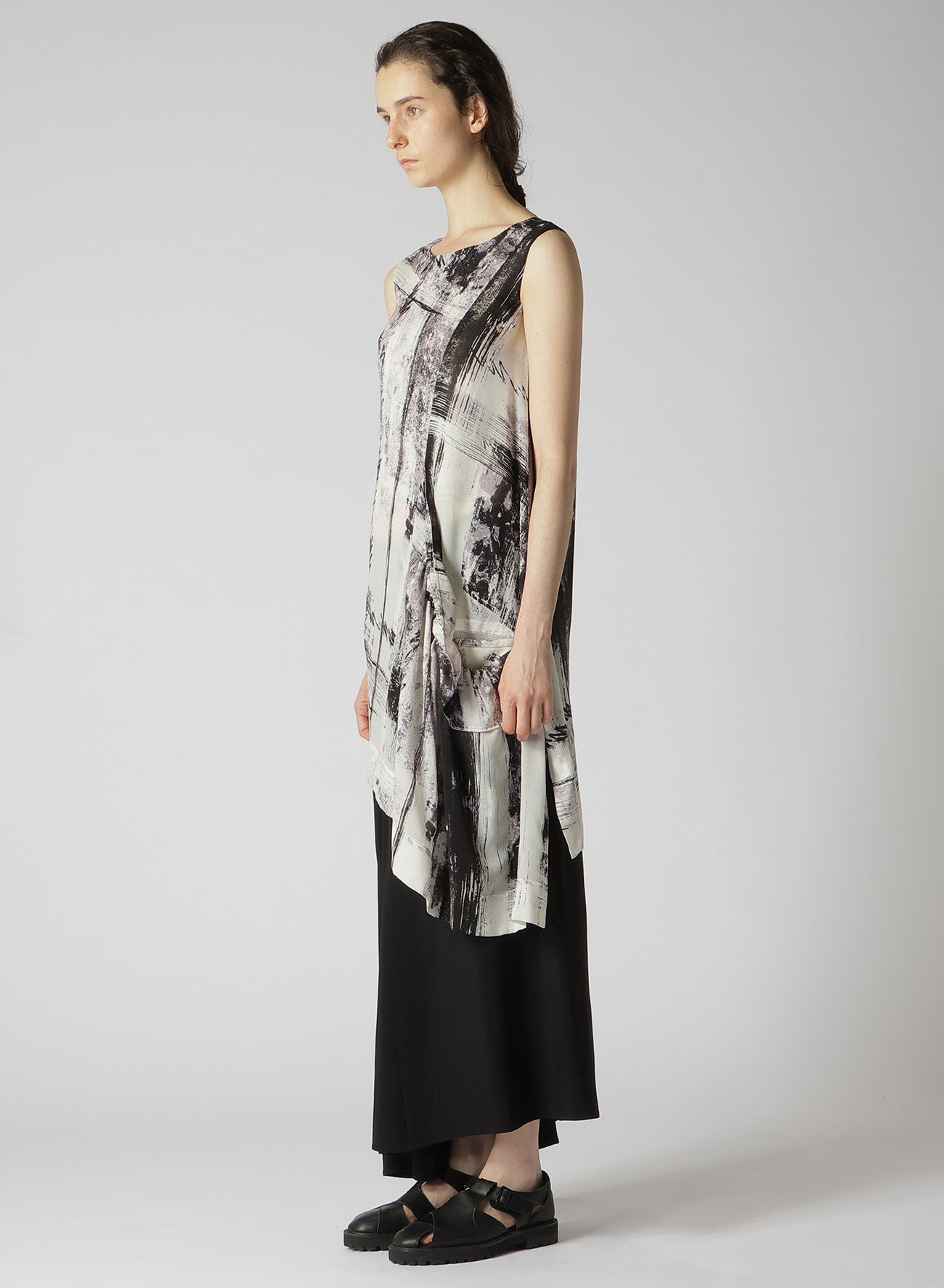CU/ LAWN BLURRED CHECK GATHERED BLOUSE