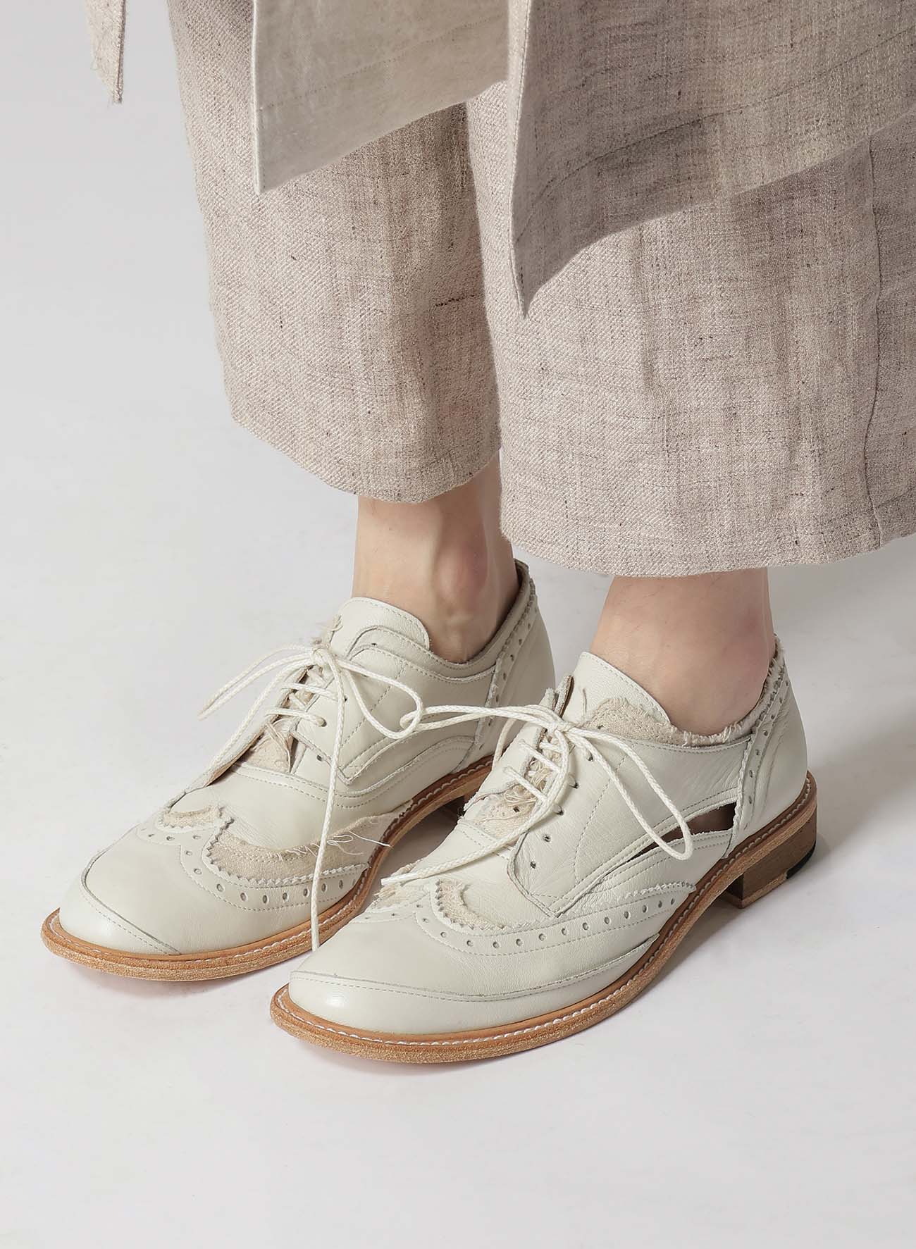 COTTON LINEN/LEATHER COMBINATION WING CHIP SHOES