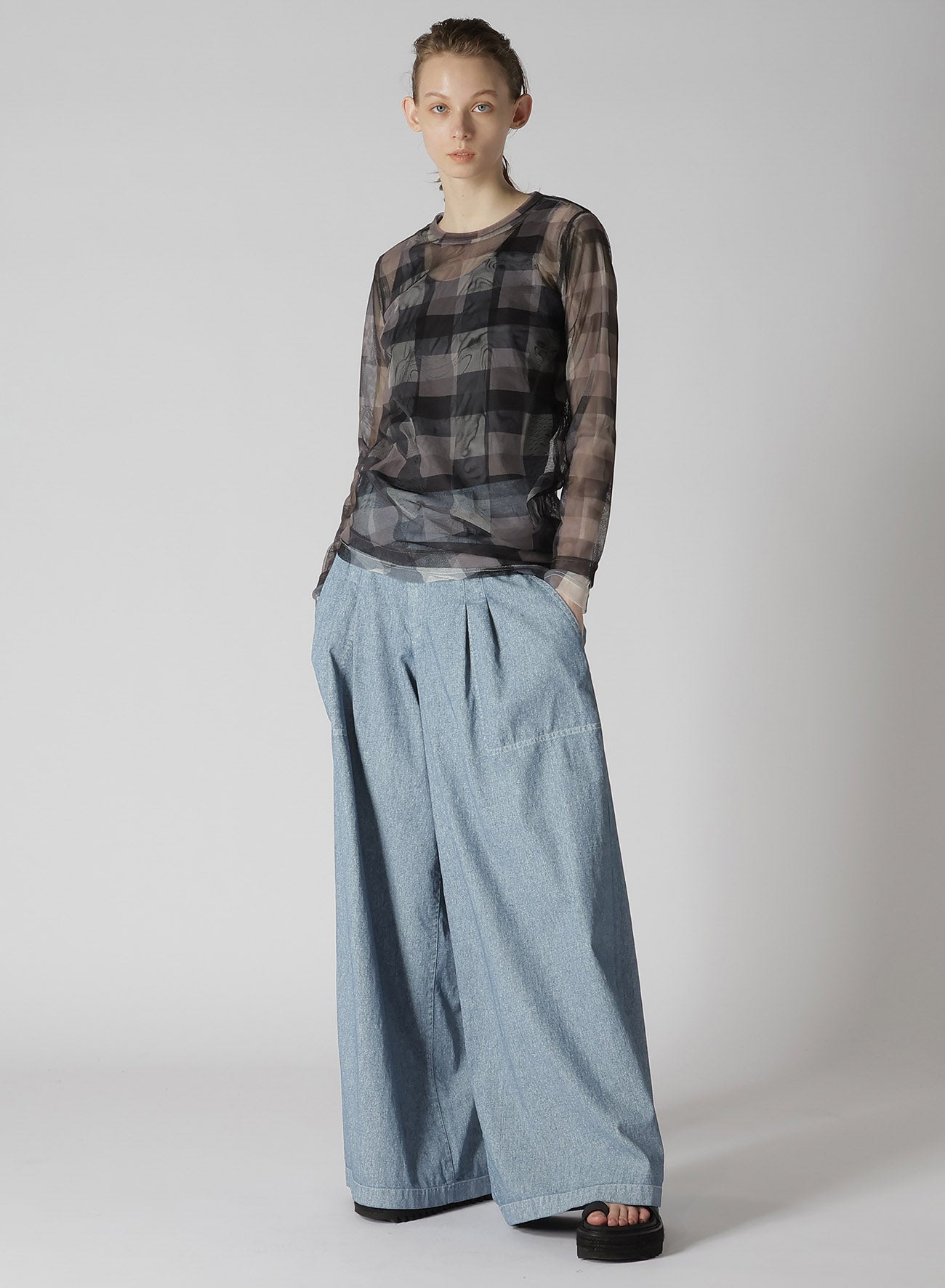 DOUBLE LAYER PLAID PRINT TULLE LONG SLEEVE T