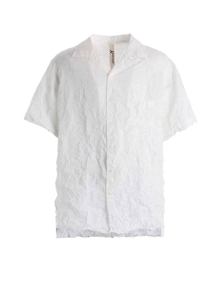 CRUSHED FABRIC OPEN COLLAR BACK GATHER SHIRT