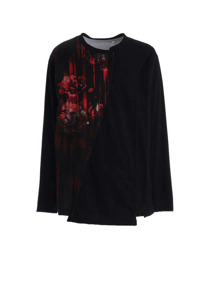 FLORAL STRIPED & COTTON JERSEY CUT-OFF LONG-SLEEVED T-SHIRT