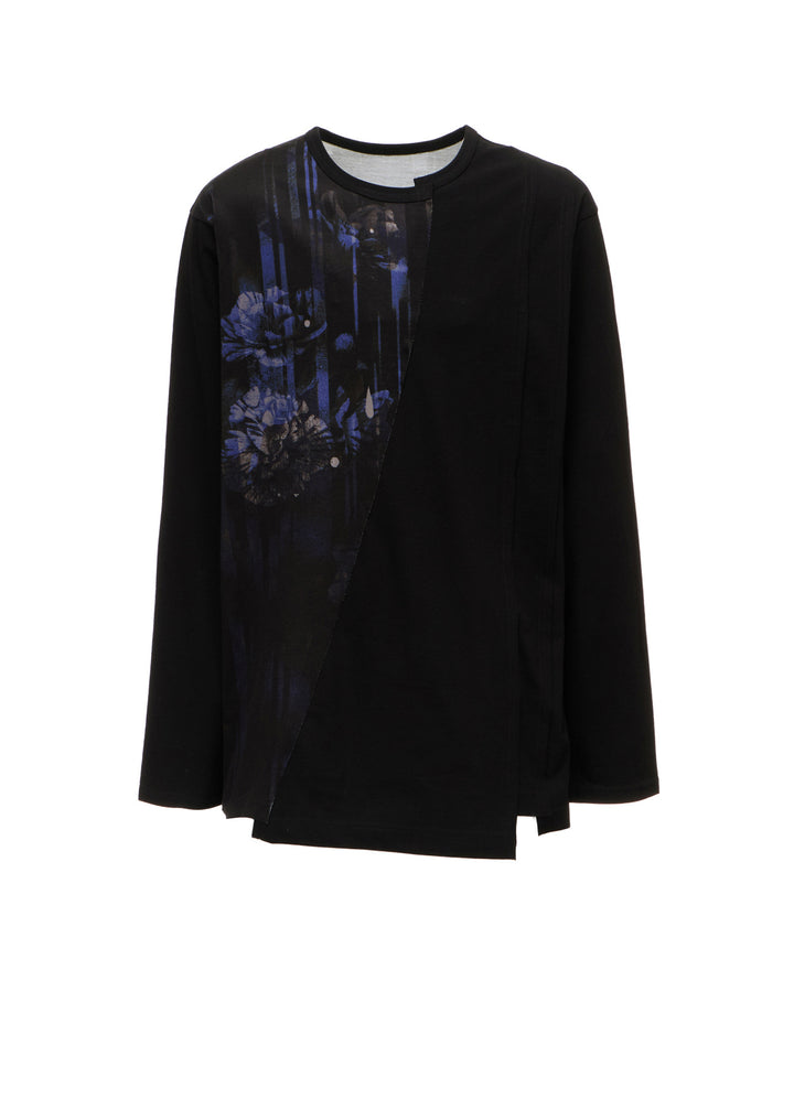 FLORAL STRIPED & COTTON JERSEY CUT-OFF LONG-SLEEVED T-SHIRT