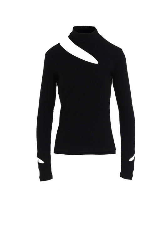 COTTON RAYON RIB SLIT HIGH NECK T-SHIRT