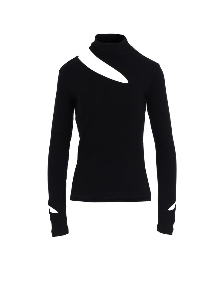 COTTON RAYON RIB SLIT HIGH NECK T-SHIRT