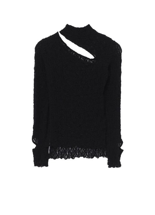 FLOWER SHIRRING SLIT HIGH NECK T-SHIRT