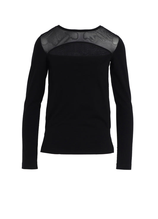 PLAIN STITCH +TULLE SLIT CHEST LONG SLEEVE T-SHIRT