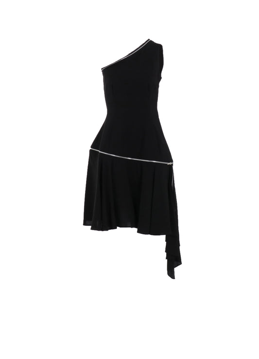 HARD TWIST GABARDINE ZIP ONE SHOULDER DRESS