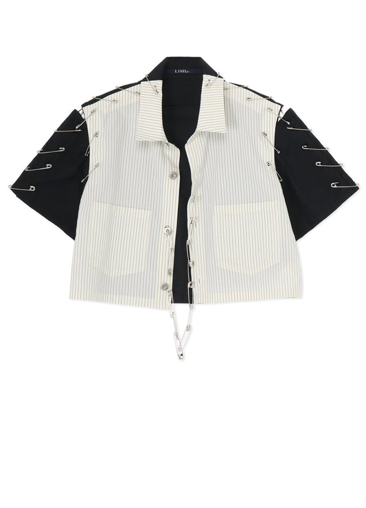 STRIPED SHORT SLEEVE LAWN BLOUSE WITH PIN
