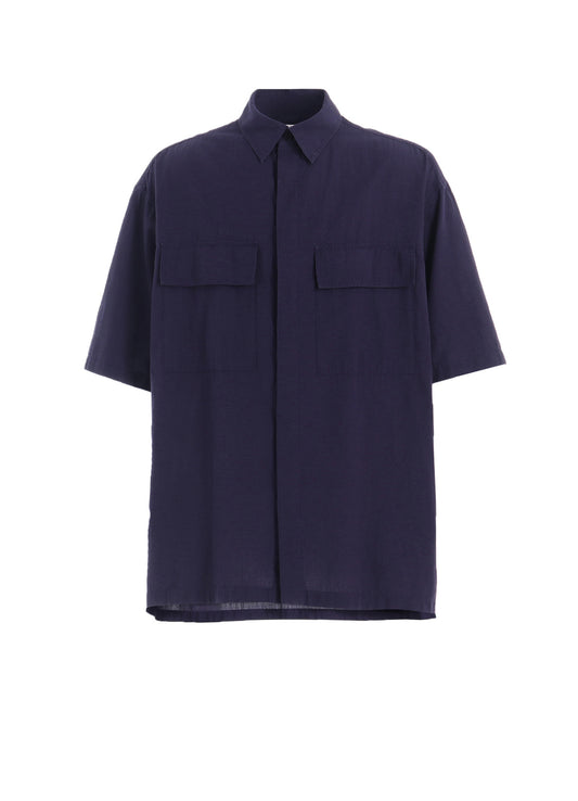 BROADCLOTH CHAMBRAY FLAP POCKETS OVERSIZED SHORT-SLEEVE SHIRT