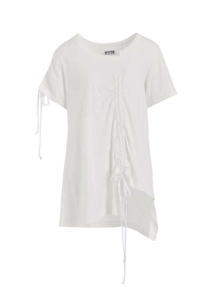 SOFT JERSEY ASYMMETRICAL T-SHIRT WITH GATHERED STRINGS