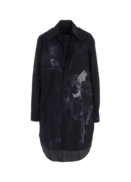 BIRD PRINT DENIM DOUBLE FRONT SHIRT
