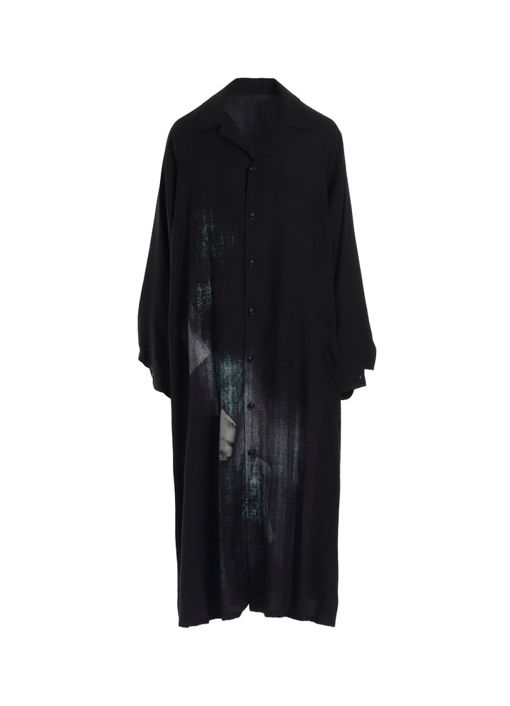 MESSAGE-PRINT DUNGAREE TWILL OPEN COLLAR SHIRT DRESS