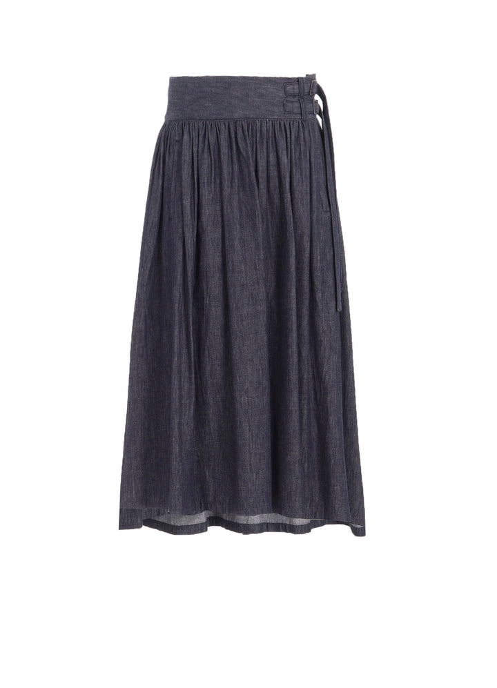 6OZ DENIM GARMENTFINISH ASYMMTRIC GATHER SKIRT