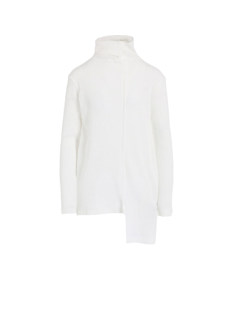 RANDOM RIB STRIPE HIGH NECK ASYMMETRIC T