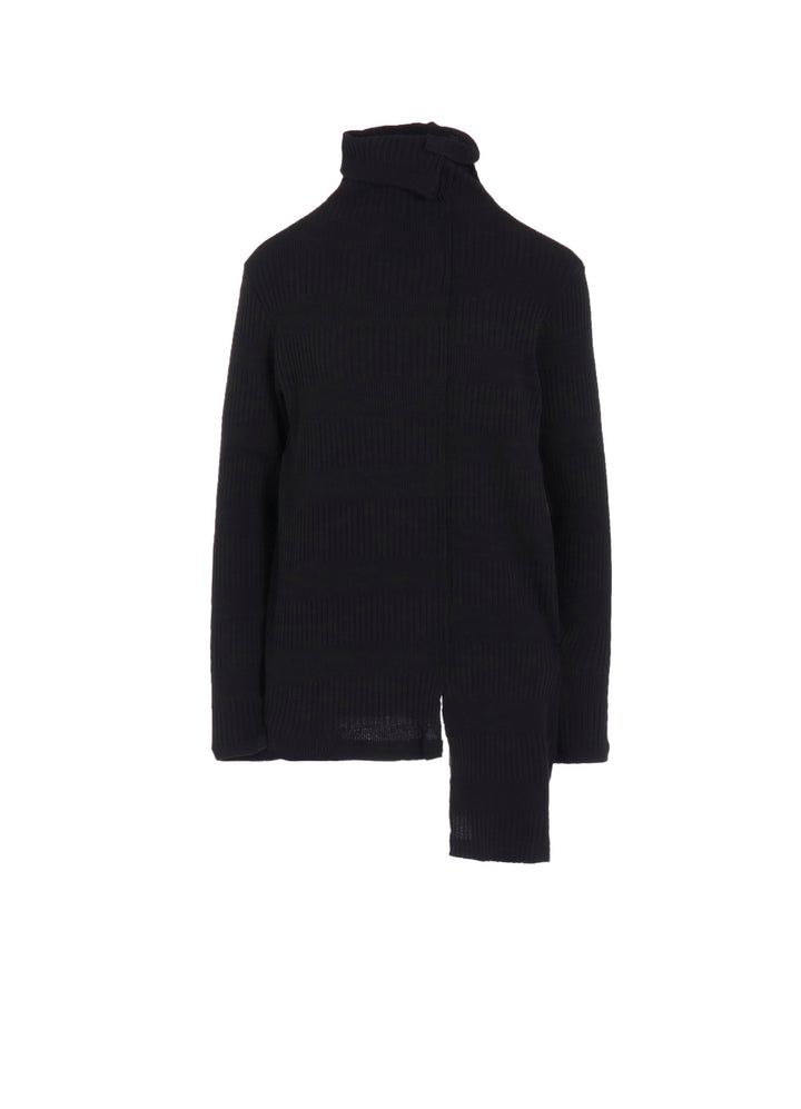 RANDOM RIB STRIPE HIGH NECK ASYMMETRIC T