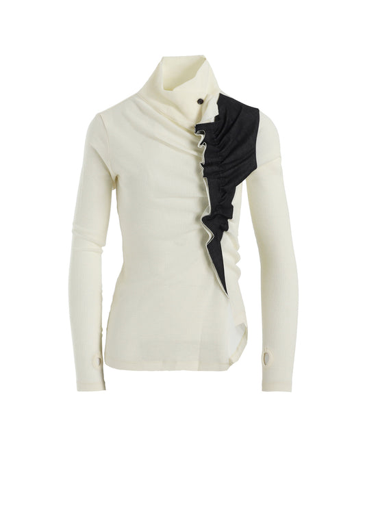RIB/DENIM COMBINATION HIGH NECK T WITH GATHERS