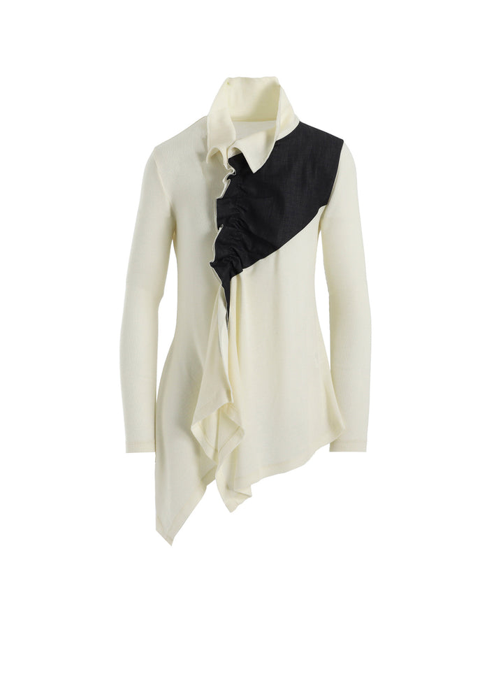 RIB/DENIM COMBINATION FLARE T WITH GATHERS