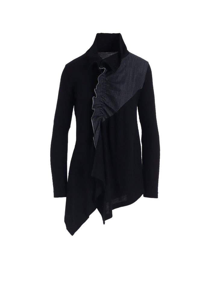 RIB/DENIM COMBINATION FLARE T WITH GATHERS