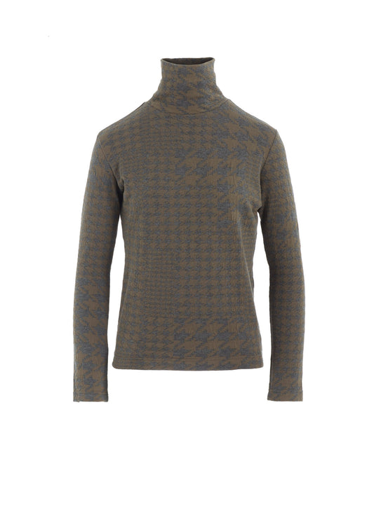 HOUNDSTOOTH UNBALANCED HIGH NECK LONG SLEEVE T