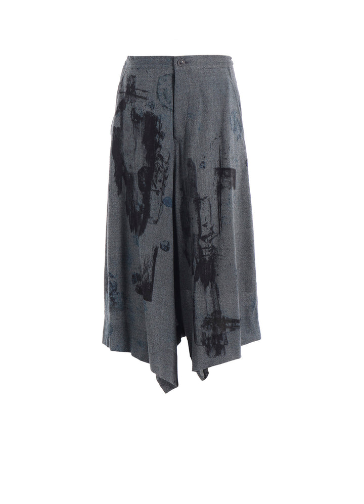 WOOL GAUZE SMUDGED POLKA DOT SLITTED RIGHT HEM PANTS