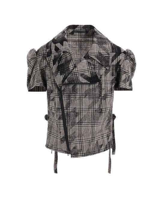 COTTON/LINEN PLAID×BIG HOUNDSTOOTH SHORT SLEEVE MOTO JACKET
