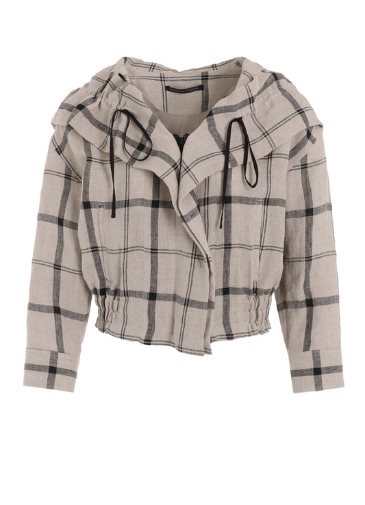 LINEN/NYLON PLAID GATHERED BLOUSE