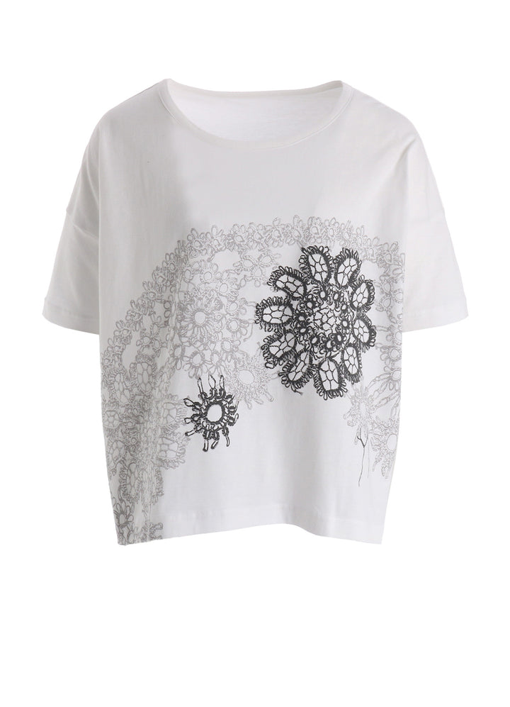 COTTON JERSEY LACE PRINT SHORT SLEEVE CROPED TEE
