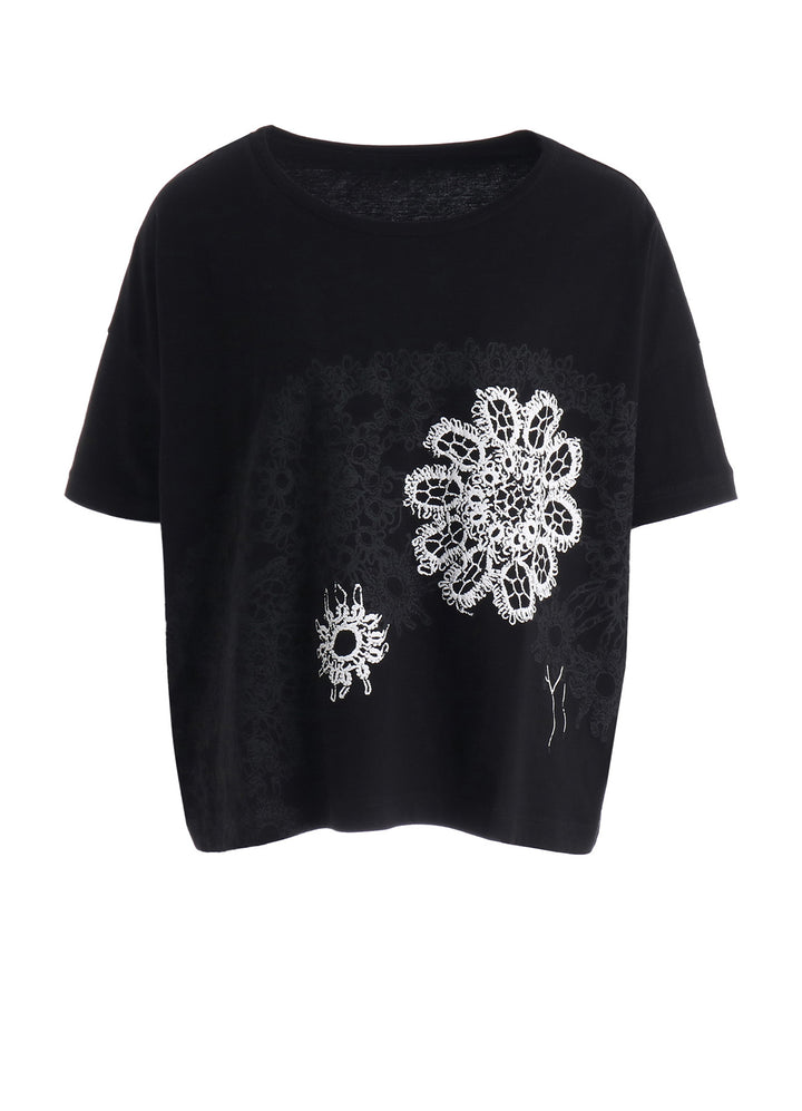COTTON JERSEY LACE PRINT SHORT SLEEVE CROPED TEE