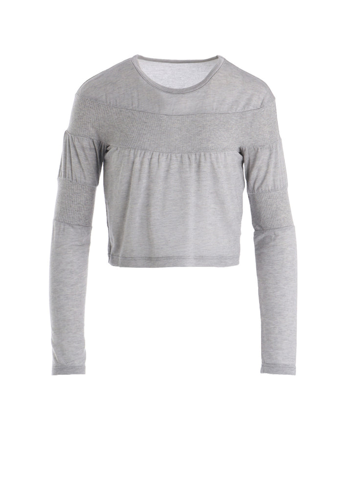 GAUZE JERSEY X RIB PANEL CROPPED ROUND NECK TEE