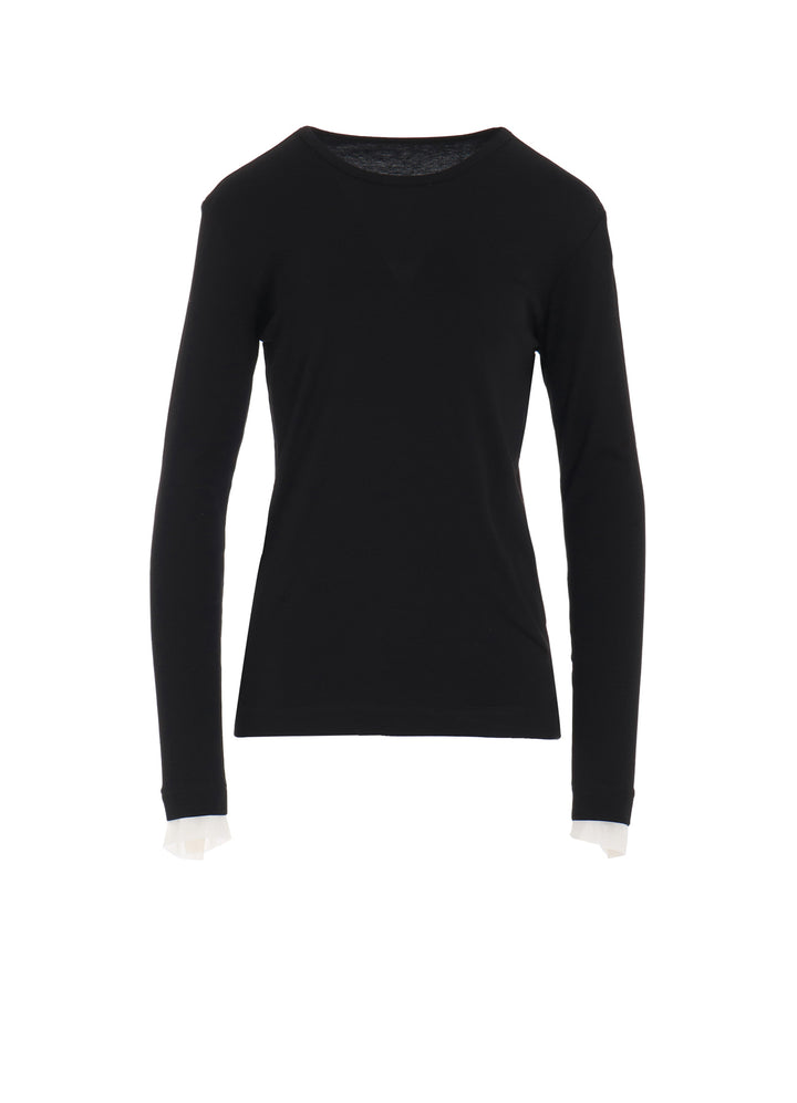 COTTON FRAISE/POLYESTER GAUZE DOUBLED CUFF ROUND NECK T