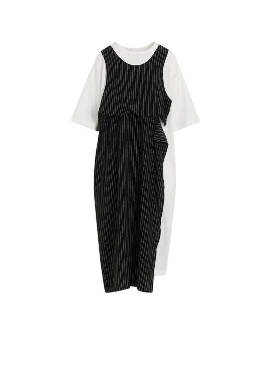 POLYESTER DE CHINE STRIPE CONBI HALF SLEEVE DRESS