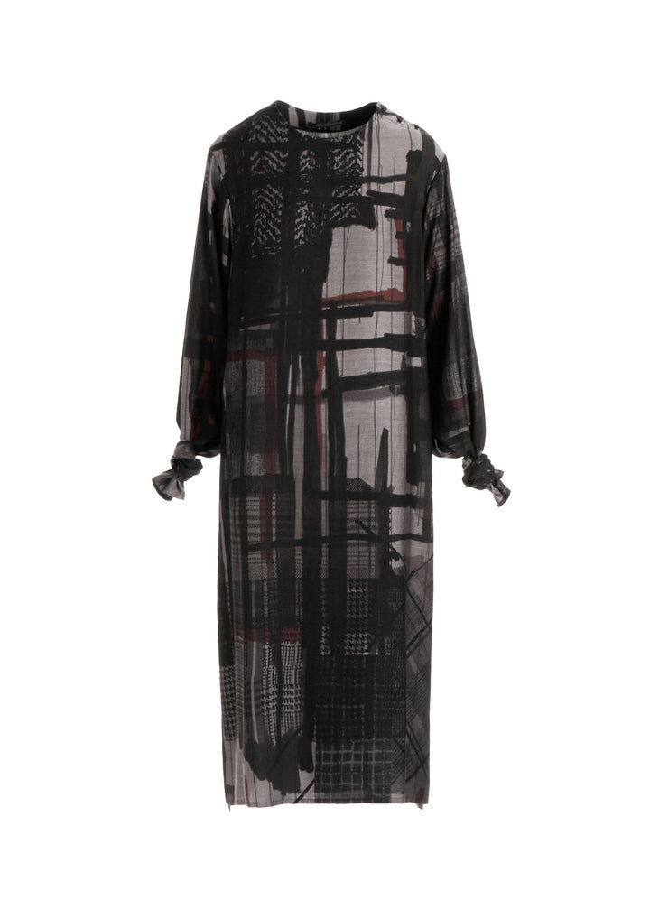 CU/DUNGAREE TWILL PLAID PRINT KNOT SLEEVE DRESS