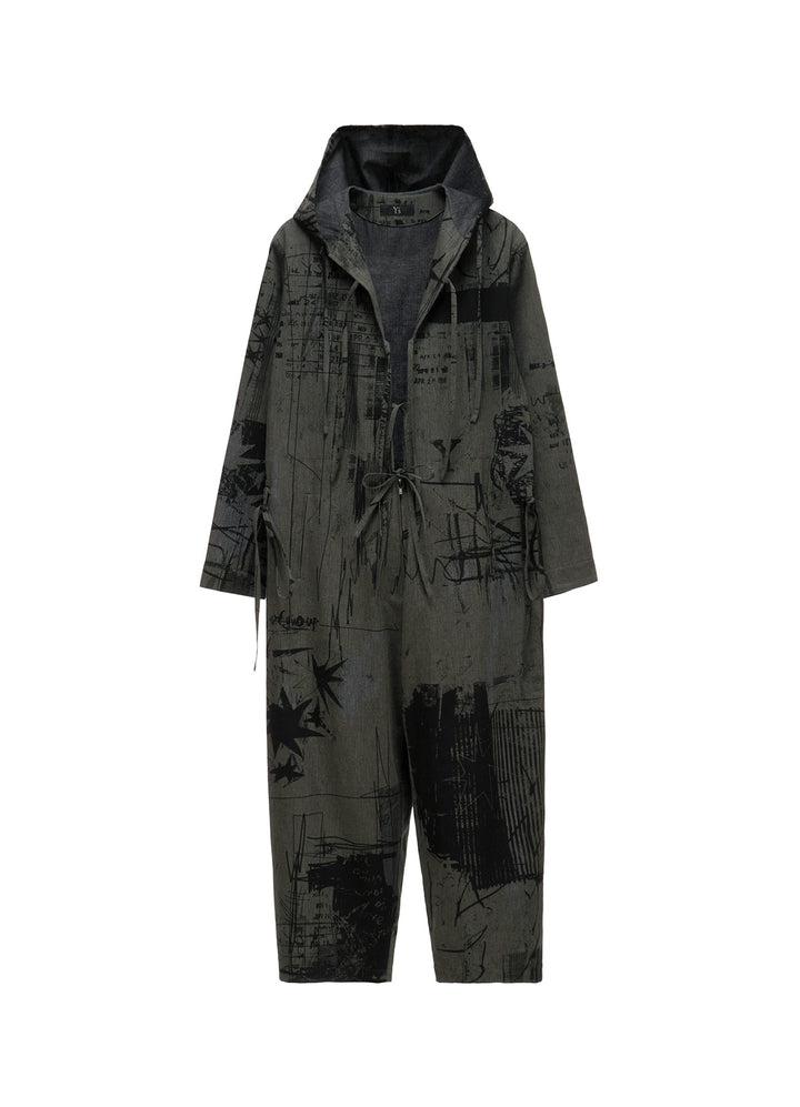 HERRINGBONE GRAFFITI PRINT HOODED OVERALL
