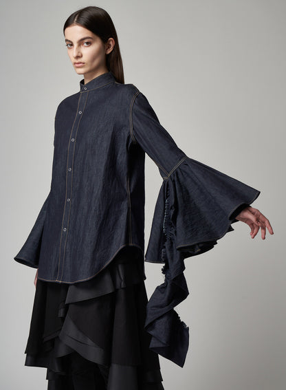 DENIM P.T SLEEVE WITH FRILL BLOUSE