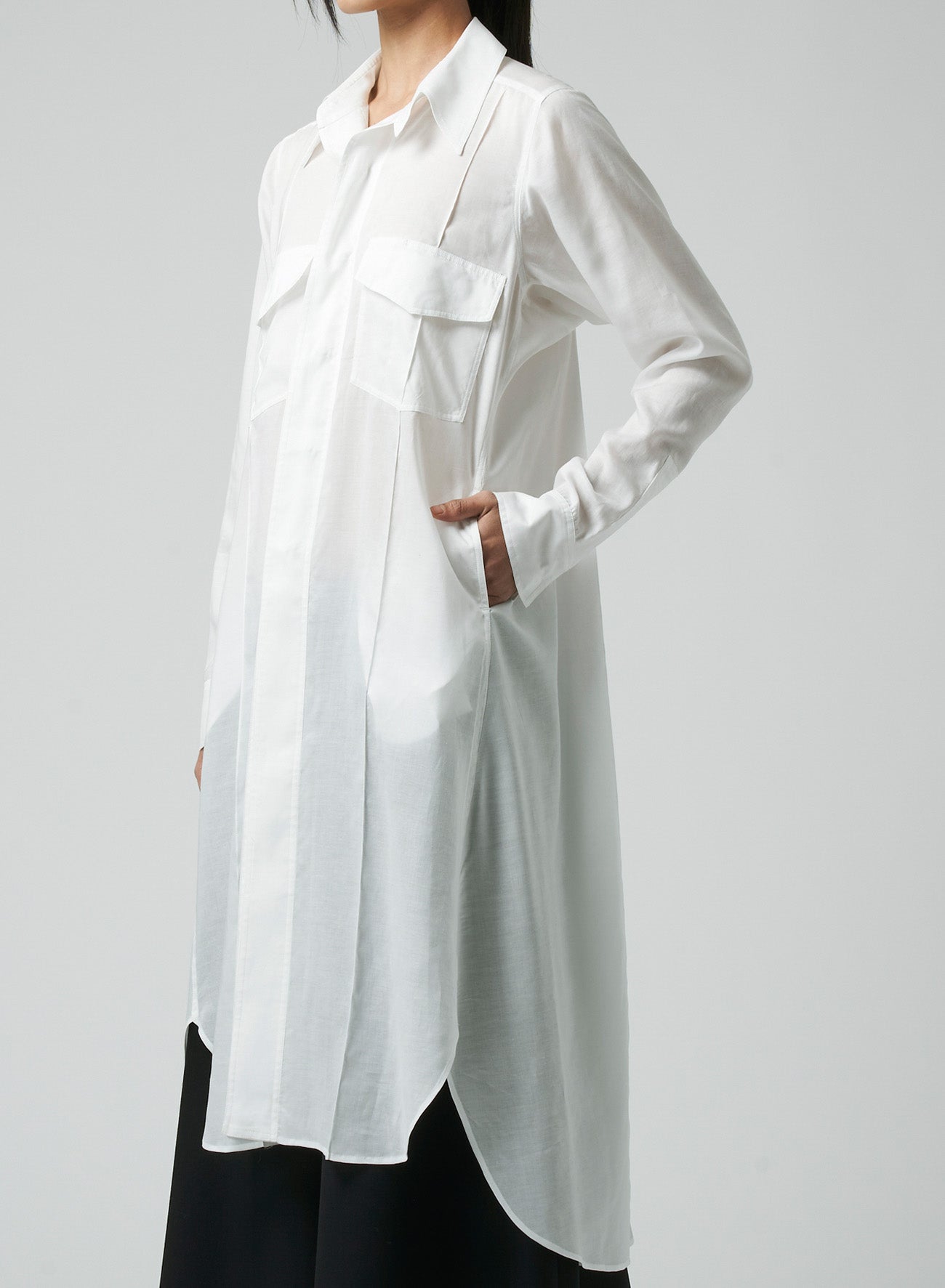 CELLULOSE LAWN WORKWEAR-STYLE LONG SHIRT DRESS